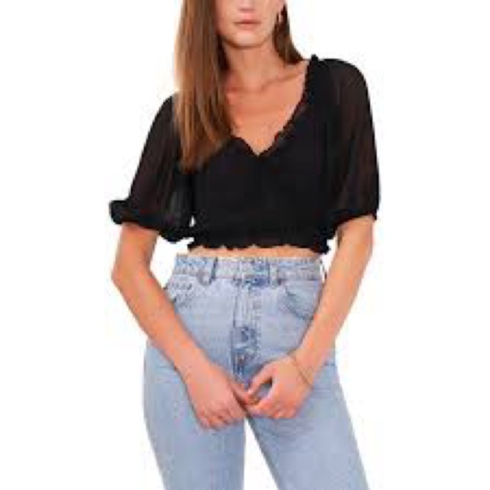 NWT|1.State|Black|Surplice|Ruffled|Pullover|V-neck|Blouse|Crop top|Sheer|sz S